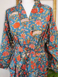 Pure Cotton Kimono Knee Length-Turquoise Ecstasy Garden