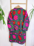 Suzani-Embroidered Fur Jacket with Wooden Buttons Classic Navy Pink Green Beige Floral Leaves