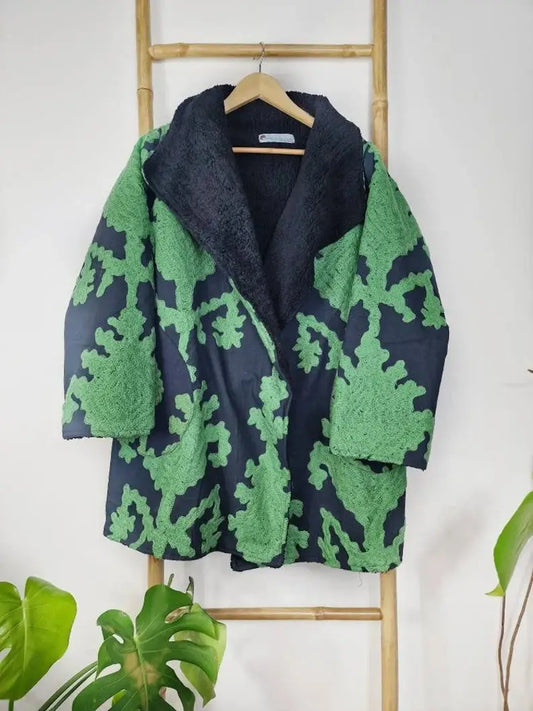 Suzani-Embroidered Fur Jacket with Wooden Buttons Classic Black Forest Green Ikat