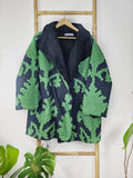 Suzani-Embroidered Fur Jacket with Wooden Buttons Classic Black Forest Green Ikat