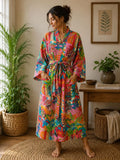 Pure Cotton Indian Block printed House Robe Summer Kimono | Floral Beach Coverup/Comfy Maternity Mom | Orange Burst Green Abstract Graffiti