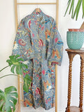 Pure Cotton Indian Block-print House Dressing Robe Kimono | Floral Beach Coverup/Comfy Maternity Mom | Tribal Quirky Summer Pastel Grey