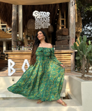 Maxi Green Forest Silky Blend Bohemian Flowy Dress Colourful Summer Wedding High Tea Daywear Beach Casual Girly Chic Boho Travel Holiday