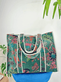 Quilted Velvet Cotton Reversible Oversize Tote Bag |  Forest Green Floral