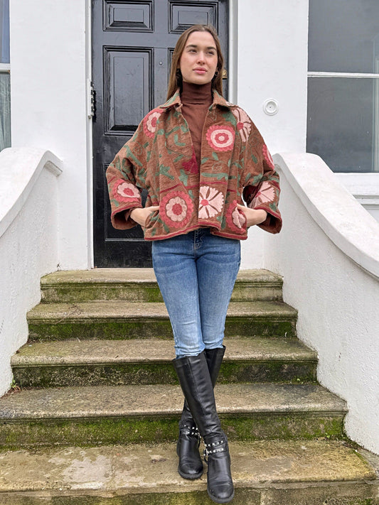 Velvet Corduroy Jacket with Intricate Thread Embroidery Brown with peach hue