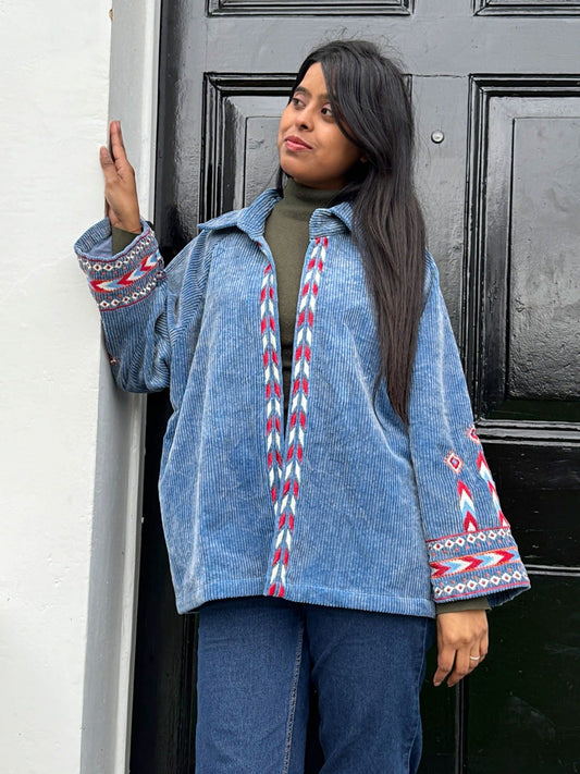 Velvet Corduroy Jacket with Intricate Thread Embroidery Navy blue