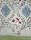 Stunning block-printed curtains on a crisp white cotton base with floral blue motif