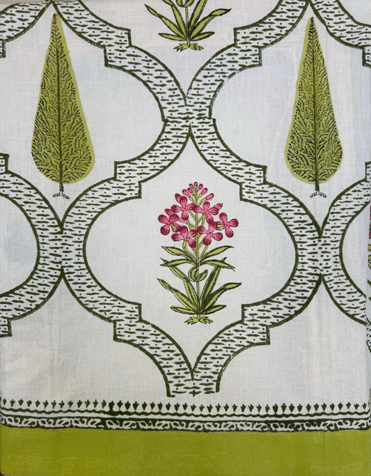 Stunning block-printed curtains on a crisp white cotton base with floral and green palm