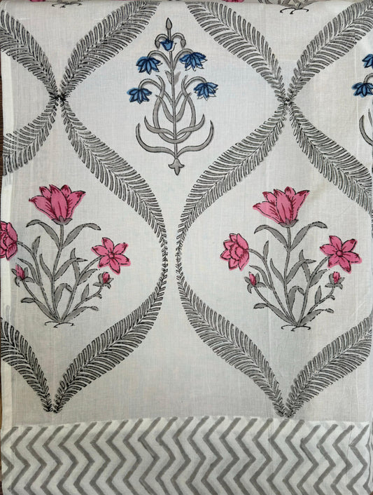 Stunning block-printed curtains on a crisp white cotton base with Blue pink big floral motifs
