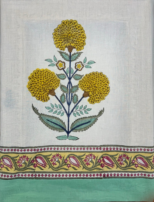 Stunning block-printed curtains on a crisp white cotton base with Yellow marigold
