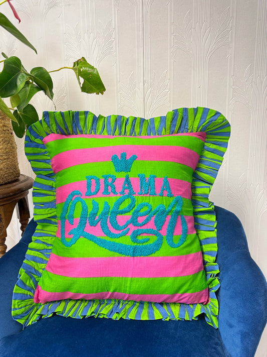 Embroidered Cotton Cushion Cover with Frill :pink green stripe with  blue DRAMA QUEEN