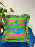 Embroidered Cotton Cushion Cover with Frill :pink green stripe with  blue DRAMA QUEEN