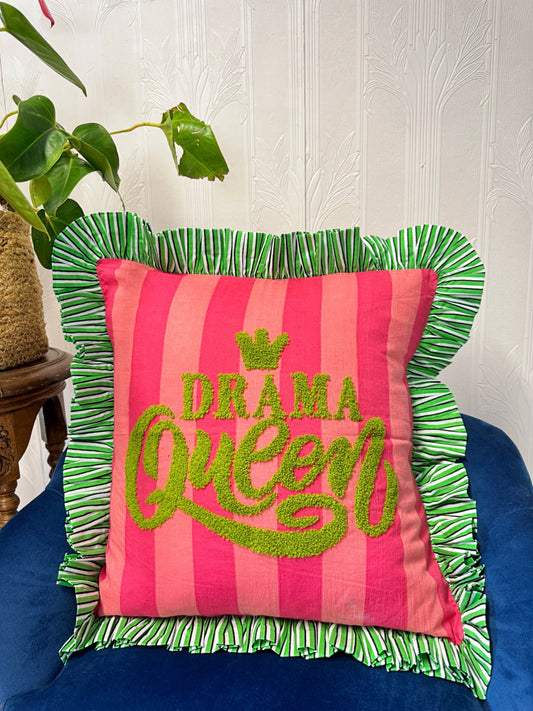 Embroidered Cotton Cushion Cover with Frill :pink peach stripe with  green DRAMA QUEEN