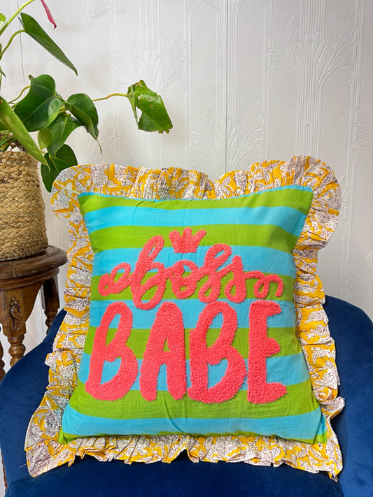 Embroidered Cotton Cushion Cover with Frill : Green Sky blue stripe with peach BOSS BABE