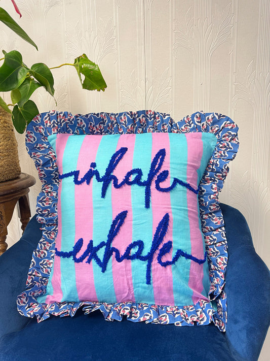 Embroidered Cotton Cushion Cover with Frill :pink sky blue stripe with royal blue Embroidery