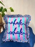 Embroidered Cotton Cushion Cover with Frill :pink sky blue stripe with royal blue Embroidery