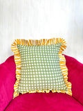 Cotton Cushion Cover :green white check with  yellow  frill