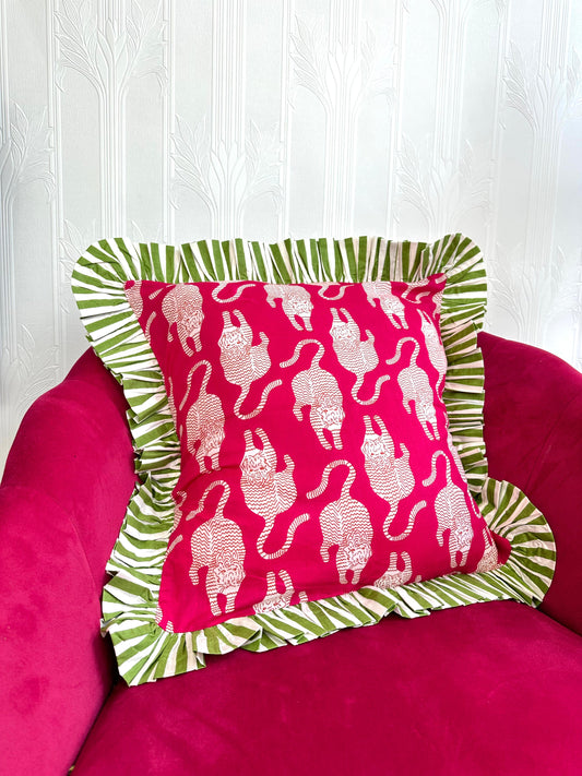 Cotton Cushion Cover :   Royal pink  with  red tiger