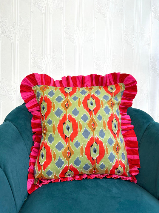 Cotton Cushion Cover : green red Ikat print   with red pink frill