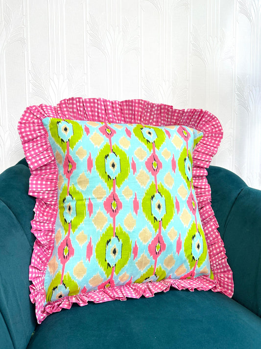 Cotton Cushion Cover : sky blue green  Ikat print   with pink frill