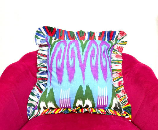 Cotton Cushion Cover :sky  blue purple green  rainbow Ikat print