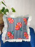 Cotton Cushion Cover : white frill, white  royal blue stripe lines with red Pomegranate