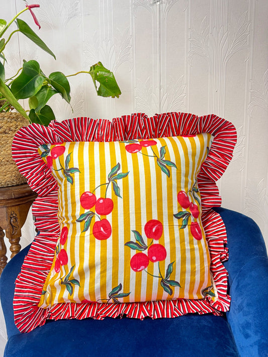 Cotton Cushion Cover :red frill, white yellow stripe lines with red cherry