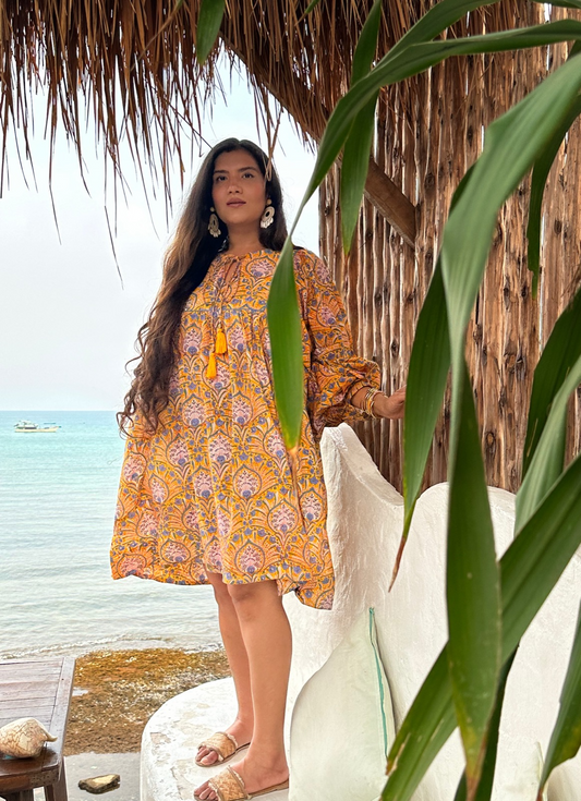 Pure Cotton Dress Indian Artisinal Block Print Boho Colourful Summer Quirky Comfy Daywear Beach Outfit Turmeric Yellow Blue | Beetle Leaf