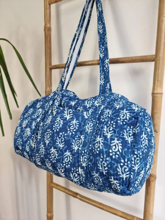 SoftStyle Quilted Cotton Duffle Bag with Dual Side Pockets Indigo Blue White
