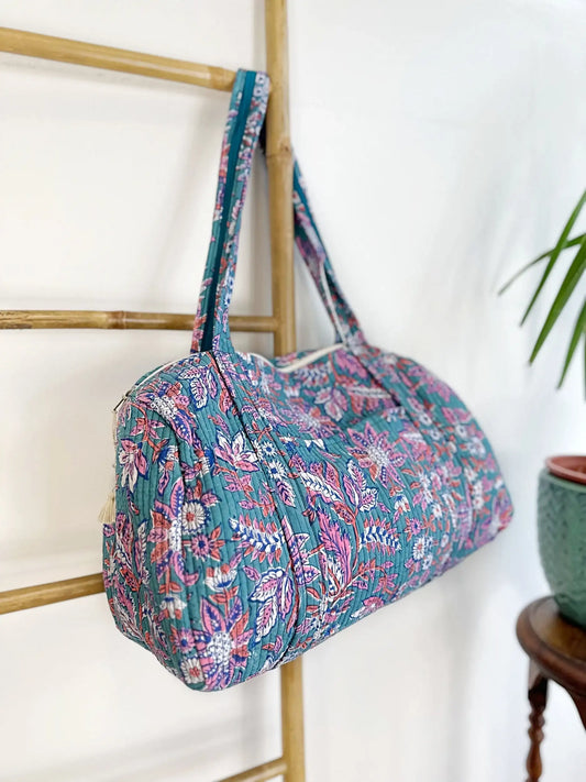 SoftStyle Quilted Cotton Duffle Bag with Dual Side Pockets Dull sea blue