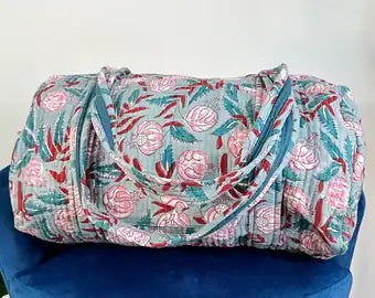 SoftStyle Quilted Cotton Duffle Bag with Dual Side Pockets Pink flowers
