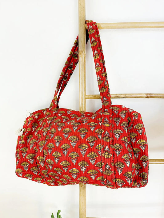SoftStyle Quilted Cotton Duffle Bag with Dual Side Pockets Red with small motif