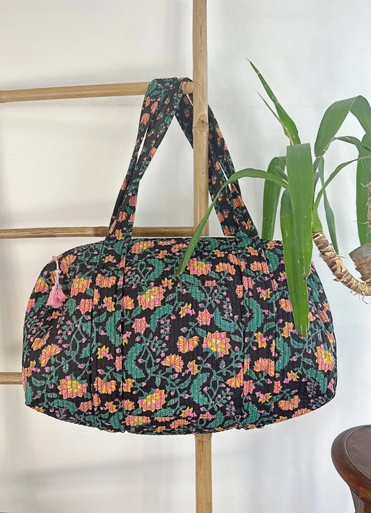 SoftStyle Quilted Cotton Duffle Bag with Dual Side Pockets Black flora