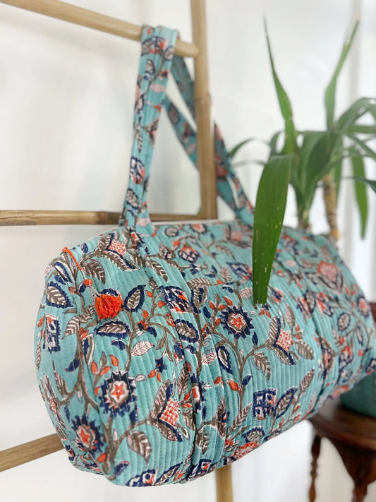 SoftStyle Quilted Cotton Duffle Bag with Dual Side Pockets Elegant sea blue