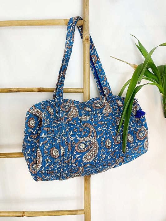 SoftStyle Quilted Cotton Duffle Bag with Dual Side Pockets Blue brown