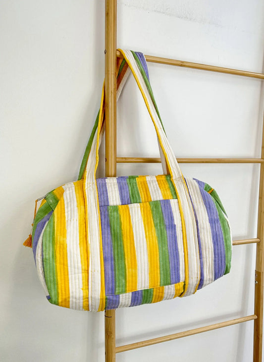 SoftStyle Quilted Cotton Duffle Bag with Dual Side Pockets Yellow blue stripe