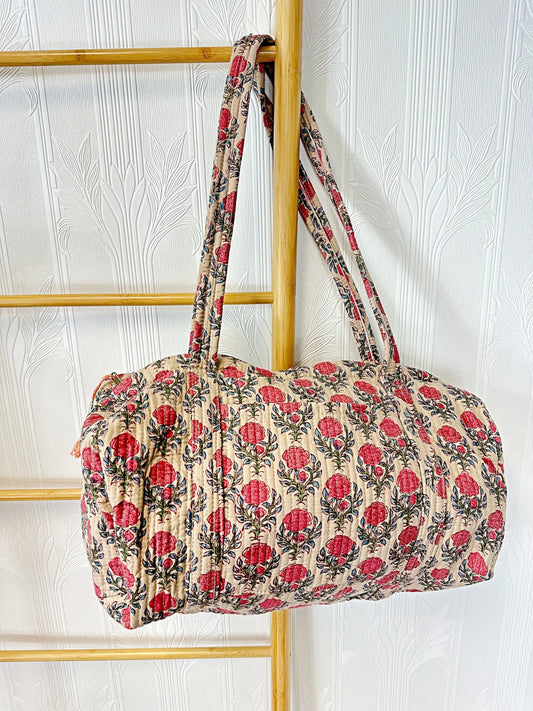 SoftStyle Quilted Cotton Duffle Bag with Dual Side Pockets Cream with pink