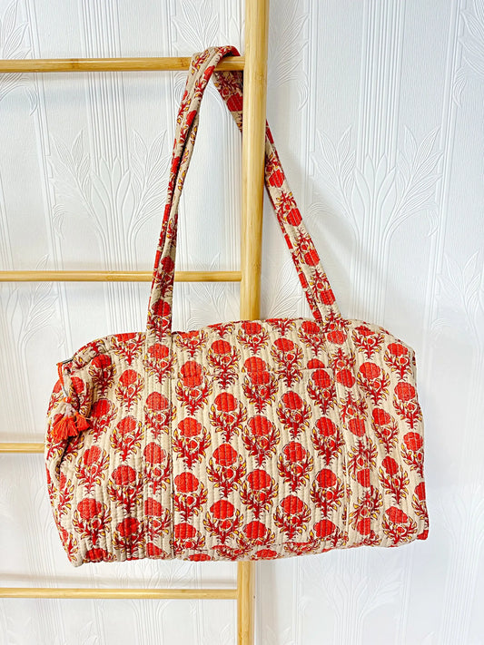 SoftStyle Quilted Cotton Duffle Bag with Dual Side Pockets Beige with red