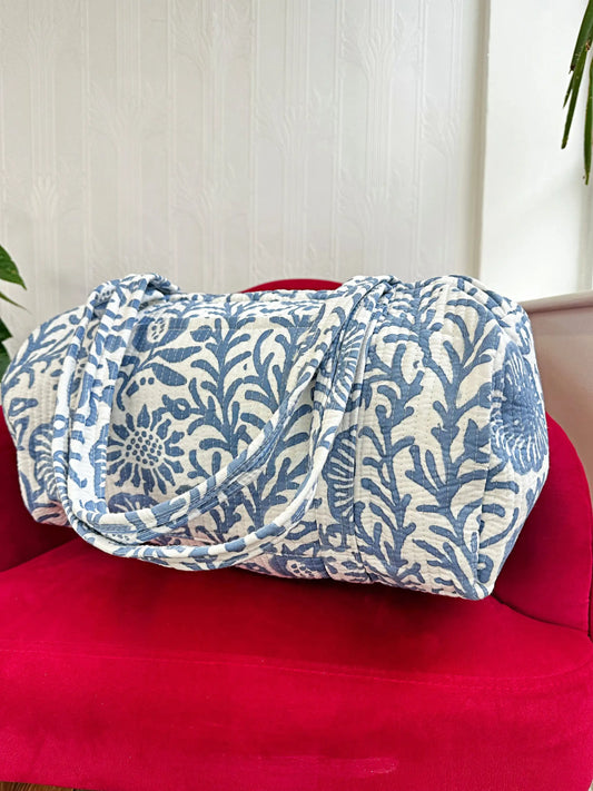 SoftStyle Quilted Cotton Duffle Bag with Dual Side Pockets WBlue with white