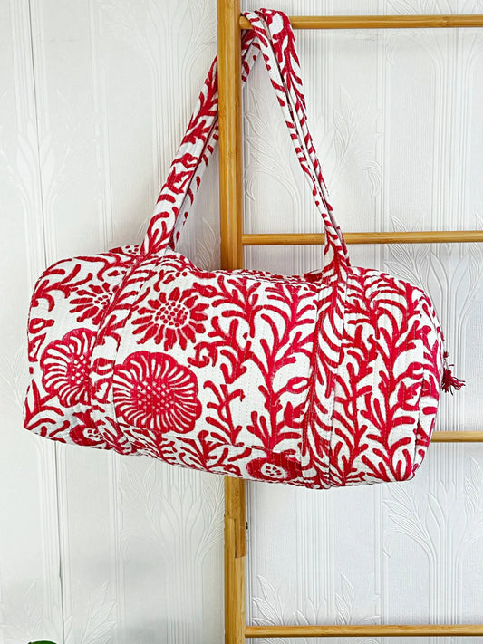SoftStyle Quilted Cotton Duffle Bag with Dual Side Pockets White with hot pink