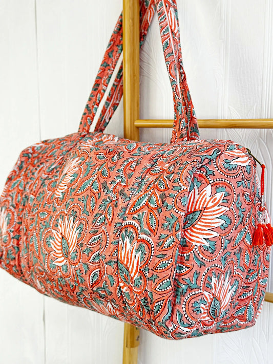 SoftStyle Quilted Cotton Duffle Bag with Dual Side Pockets Peach Floral Eco