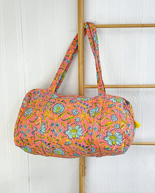 SoftStyle Quilted Cotton Duffle Bag with Dual Side Pockets Peach yellow flowers