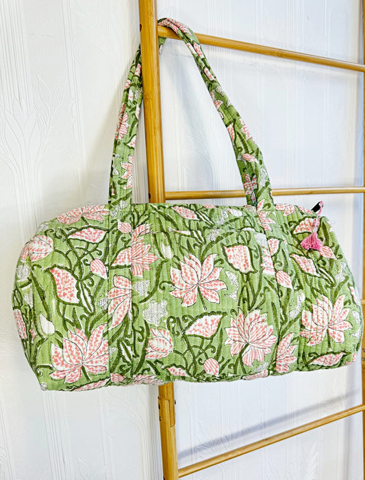 SoftStyle Quilted Cotton Duffle Bag with Dual Side Pockets Floral Grass Green Lotus