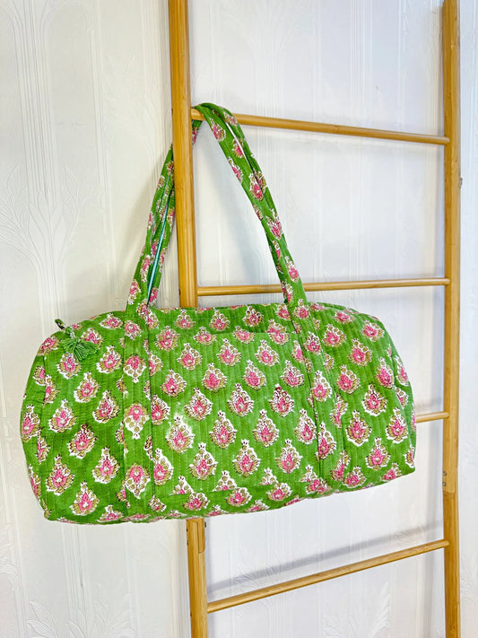 SoftStyle Quilted Cotton Duffle Bag with Dual Side Pockets Green Pink Floral
