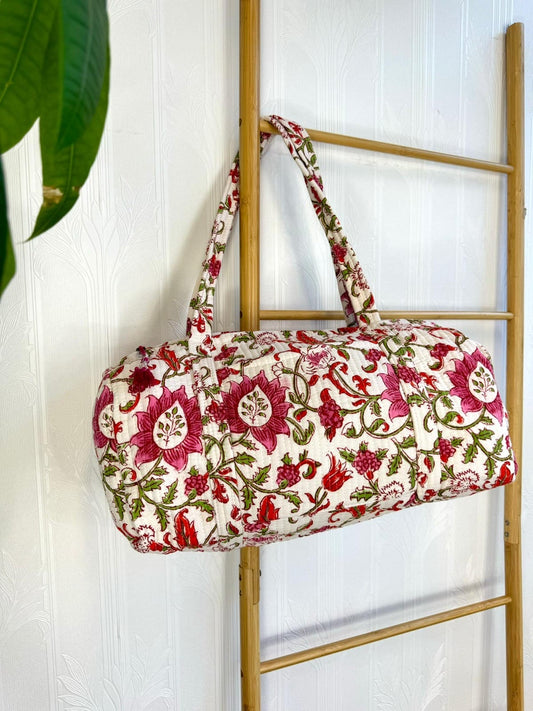 SoftStyle Quilted Cotton Duffle Bag with Dual Side Pockets White Pink Red Mughal Floral