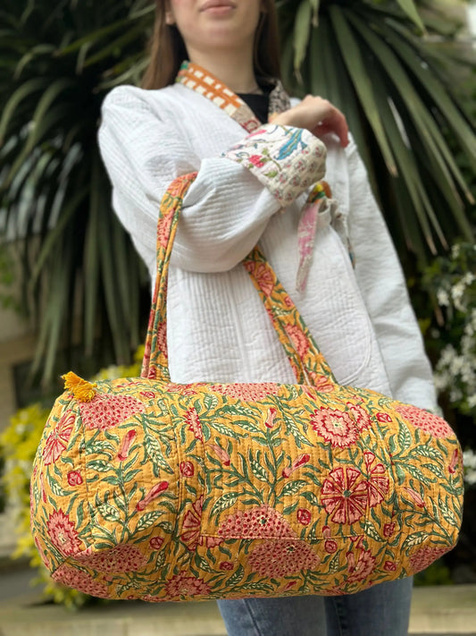 SoftStyle Quilted Cotton Duffle Bag with Dual Side Pockets Mustard Peach Floral
