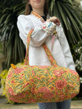 SoftStyle Quilted Cotton Duffle Bag with Dual Side Pockets Mustard Peach Floral