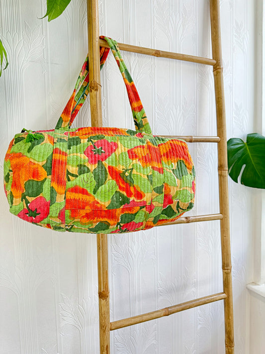 SoftStyle Quilted Cotton Duffle Bag with Dual Side Pockets Orange green gardenia
