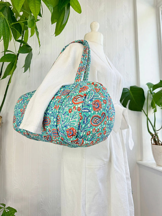 SoftStyle Quilted Cotton Duffle Bag with Dual Side Pockets Aqua Orange