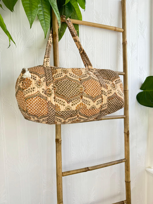 SoftStyle Quilted Cotton Duffle Bag with Dual Side Pockets Beige taj